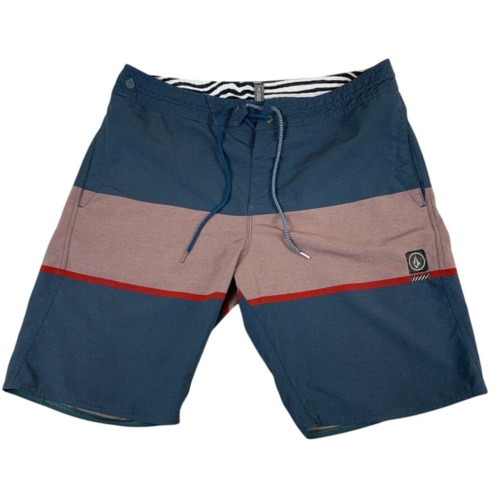 Volcom Stoneys Board Shorts Mens 34 Blue Mauve Red Colorblock Cinch Fly